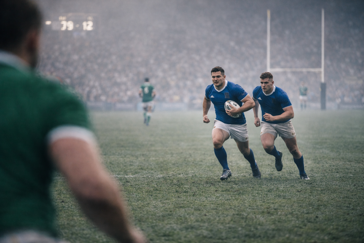 Rugby breakdown with pressure building around the ruck